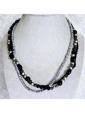 Premier Designs Black Beaded Silver Tone Multi Strand Necklace